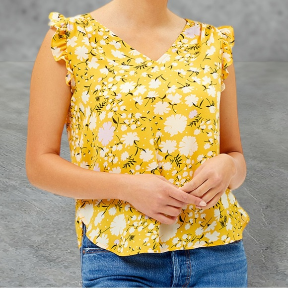 Philosophy Tops - Philosophy Republic Clothing Yellow & White Floral Flutter-Sleeve V-Neck Blouse